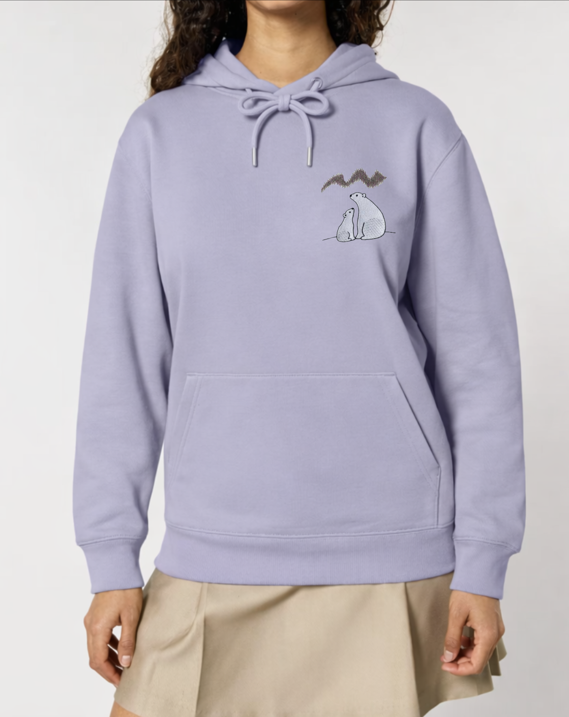 Relaxed Fit T-Shirt/Hoodie - Little White Bears Embroidery under the Northern Lights